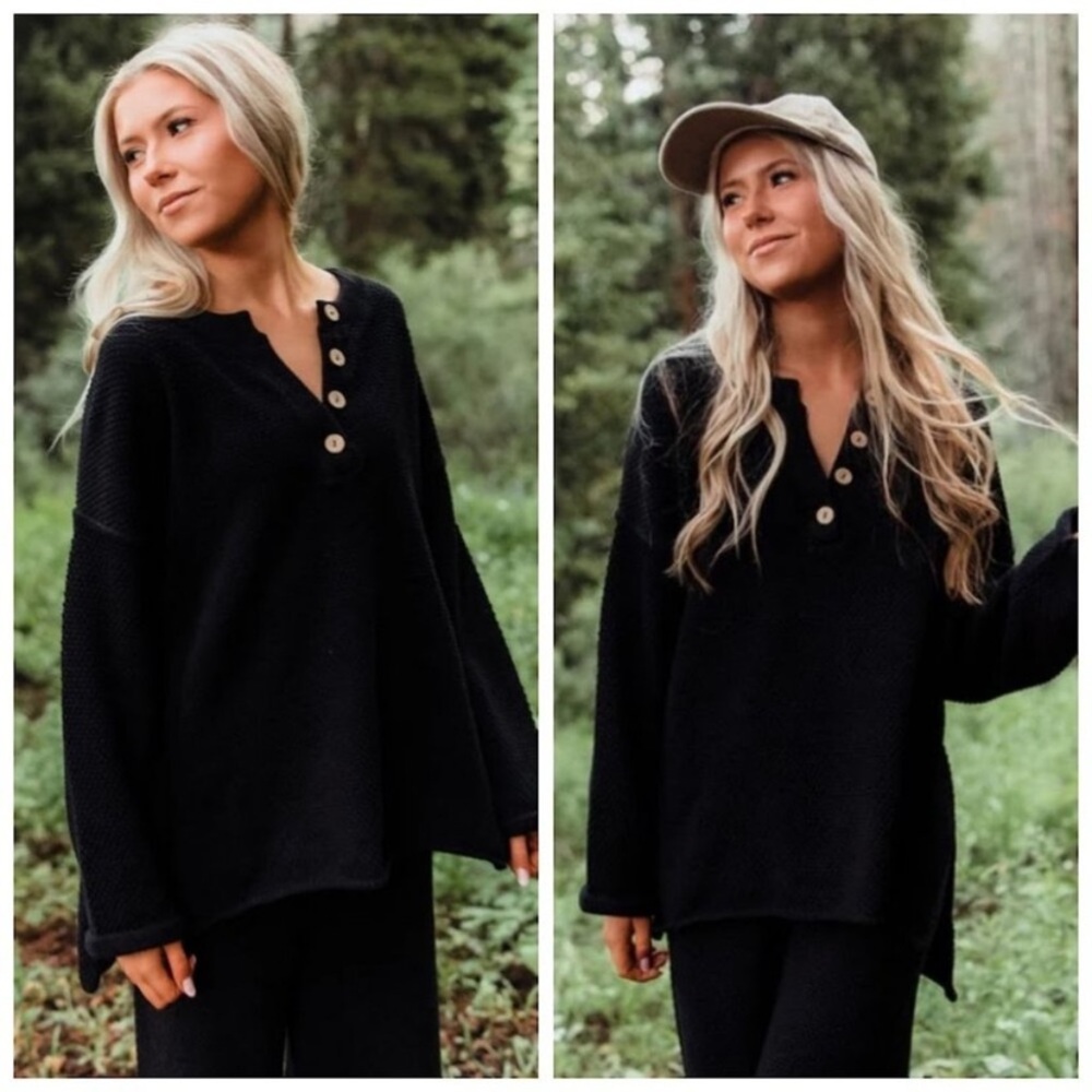 Free People Beach Hailee Sweater Top Black Button Detailing Waffle Knit Size S - Picture 5 of 5